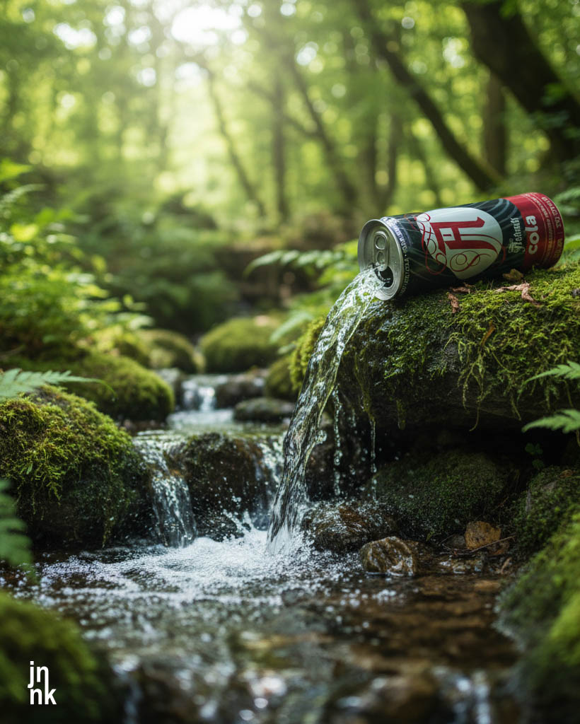 Asbach Cola can in waterfall