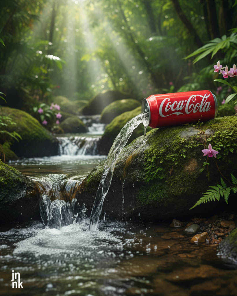 Coca Cola can in waterfall