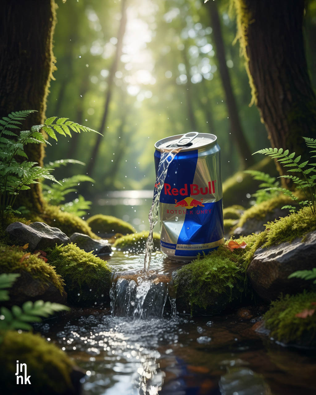 Red Bull can in waterfall